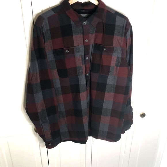 Rugged Elements Flannel Shirt Jacket L Gray Burgundy Plaid Lined Authentic Outer - Picture 1 of 7